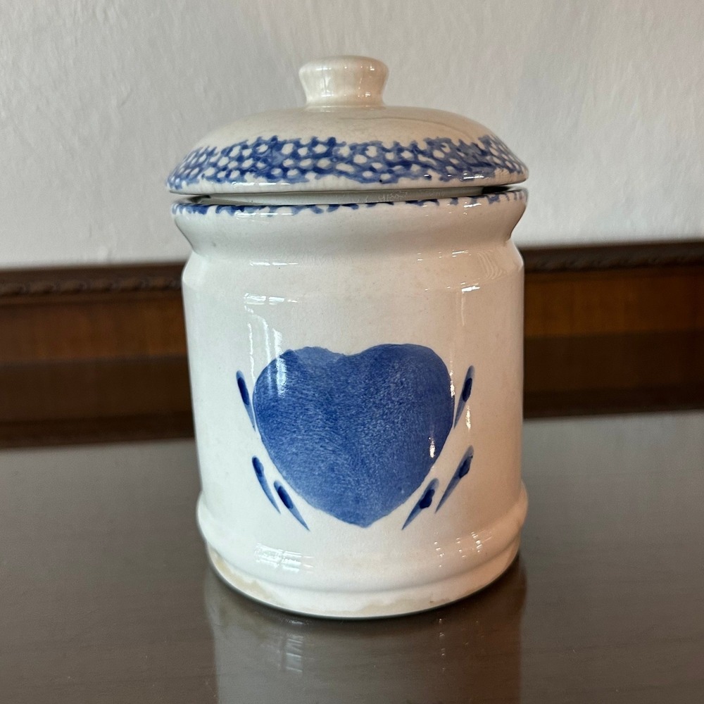 Vintage Blue Heart Stoneware Canister with Lid Farmhouse Country Decor 6x4